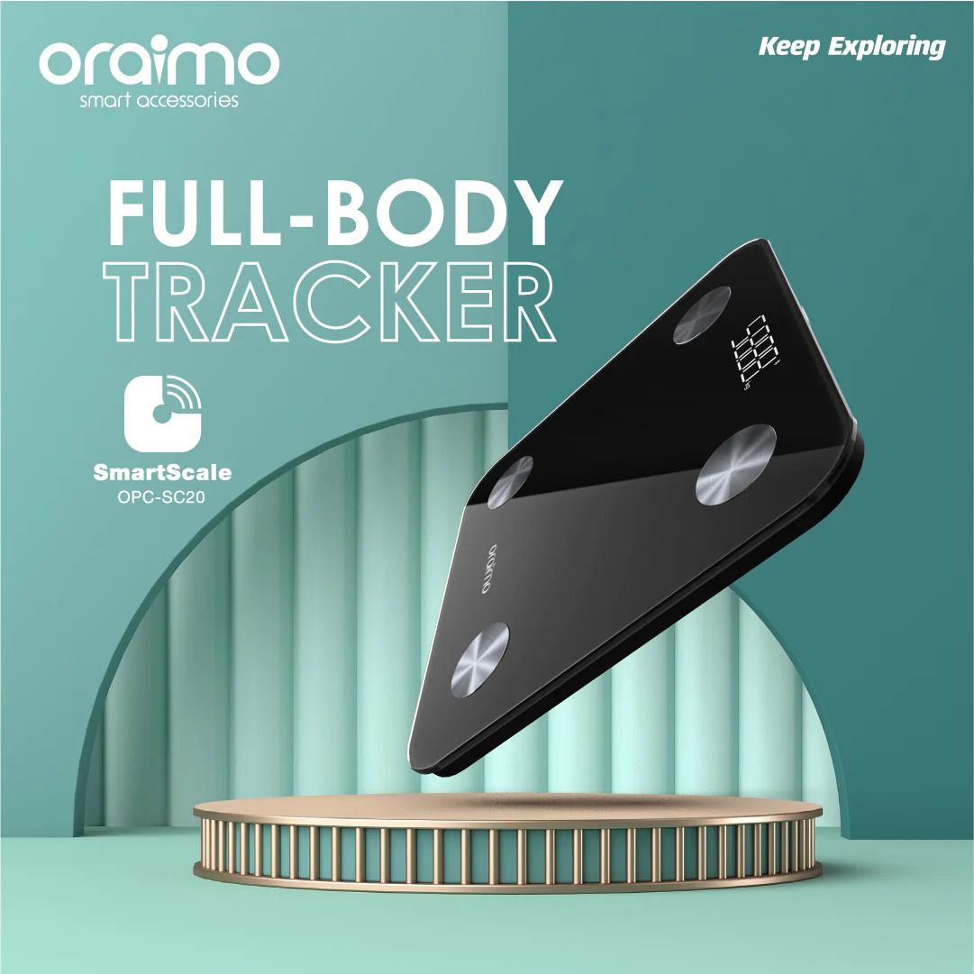 Oraimo OPCSC20 SmartScale Body Fat Scale Electronic Weighing Scale Body Weight Health Body Scale Digital Glass LCD Display Sensor Scale For Weight loss Tool Balance Health Care WEIGHT SCALE