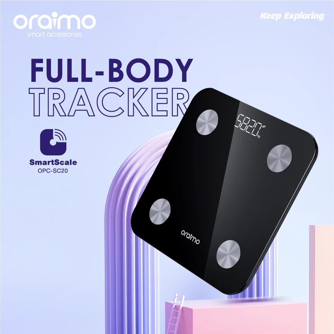 Oraimo OPCSC20 SmartScale Body Fat Scale Electronic Weighing Scale Body Weight Health Body Scale Digital Glass LCD Display Sensor Scale For Weight loss Tool Balance Health Care WEIGHT SCALE