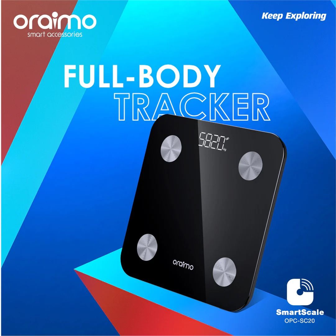Oraimo OPCSC20 SmartScale Body Fat Scale Electronic Weighing Scale Body Weight Health Body Scale Digital Glass LCD Display Sensor Scale For Weight loss Tool Balance Health Care WEIGHT SCALE