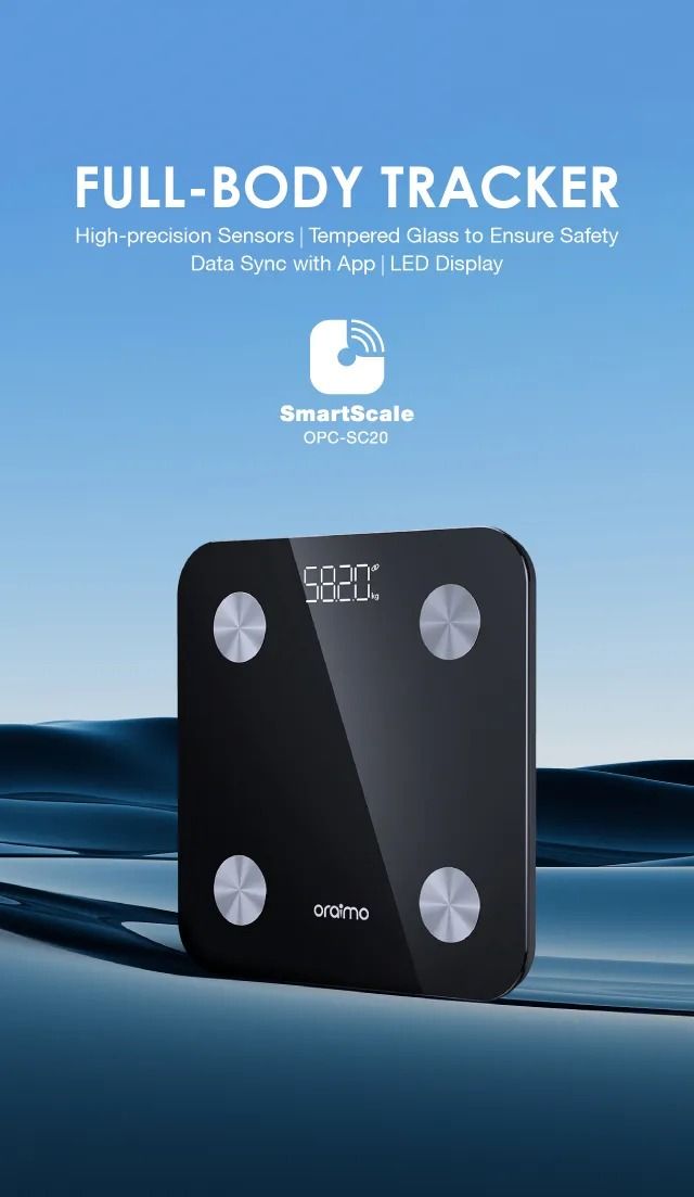 Oraimo OPCSC20 SmartScale Body Fat Scale Electronic Weighing Scale Body Weight Health Body Scale Digital Glass LCD Display Sensor Scale For Weight loss Tool Balance Health Care WEIGHT SCALE
