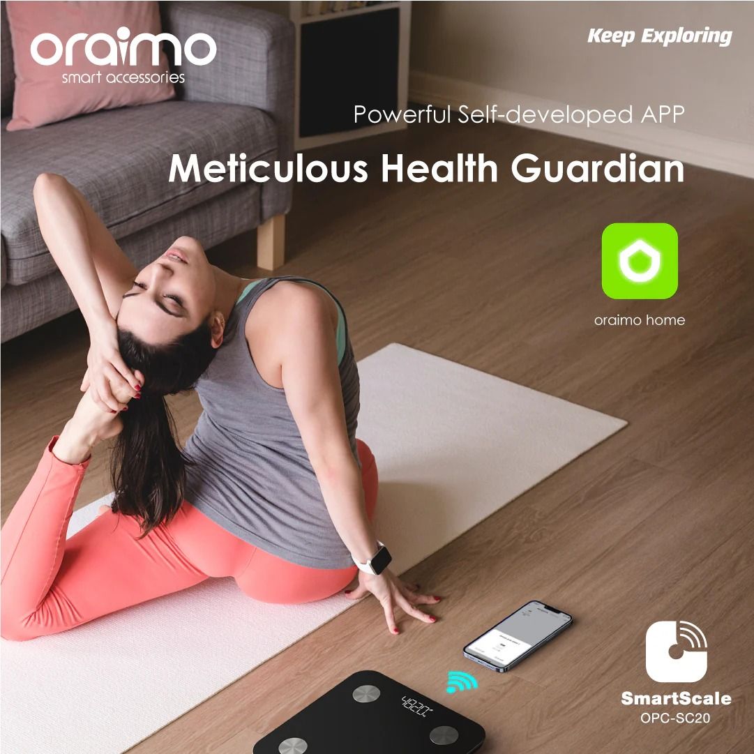 Oraimo OPCSC20 SmartScale Body Fat Scale Electronic Weighing Scale Body Weight Health Body Scale Digital Glass LCD Display Sensor Scale For Weight loss Tool Balance Health Care WEIGHT SCALE