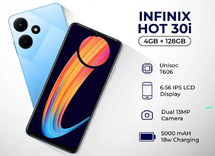 [ BRAND NEW ]INFINIX HOT 30i 128GB 8GB RAM,DISPLAY 6.6 INCHES,BATTERY 5000, REAR CAMERA 13MP SELFIE 8MP,OS ANDROID12,CHIPSET UNISOC T606 smartphones