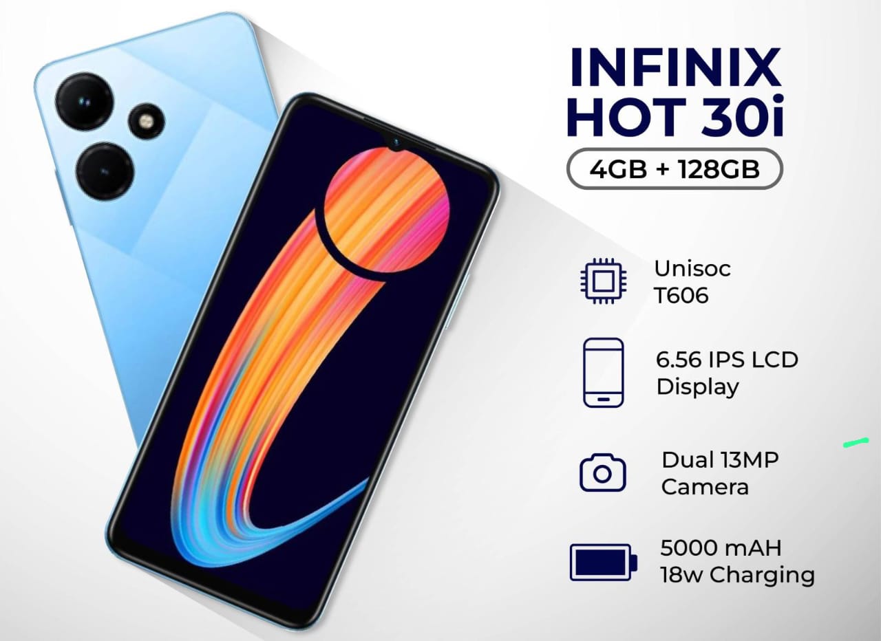 [ BRAND NEW ]INFINIX HOT 30i 128GB 8GB RAM,DISPLAY 6.6 INCHES,BATTERY 5000, REAR CAMERA 13MP SELFIE 8MP,OS ANDROID12,CHIPSET UNISOC T606 smartphones