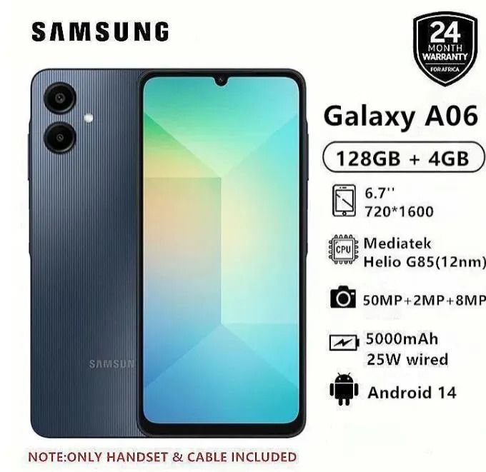 New Arrival Samsung Galaxy A06 128GB+4GB 50MP Camera 6.7" 90Hz MTK Helio G85 (12nm) 5000mAh 25W Type-C Charge Android 14 Smart Phones Side Fingerprint Unlock phone