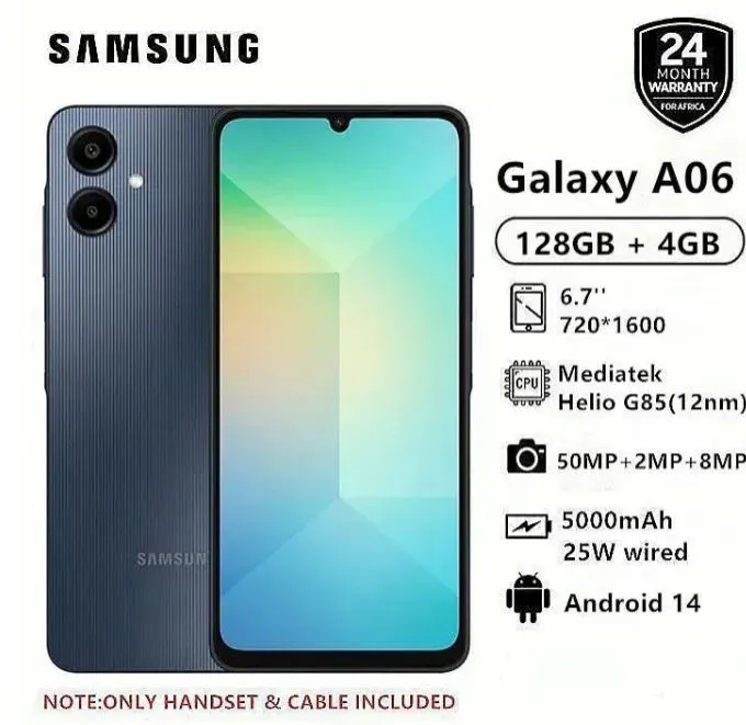 New Arrival Samsung Galaxy A06 128GB+4GB 50MP Camera 6.7" 90Hz MTK Helio G85 (12nm) 5000mAh 25W Type-C Charge Android 14 Smart Phones Side Fingerprint Unlock phone