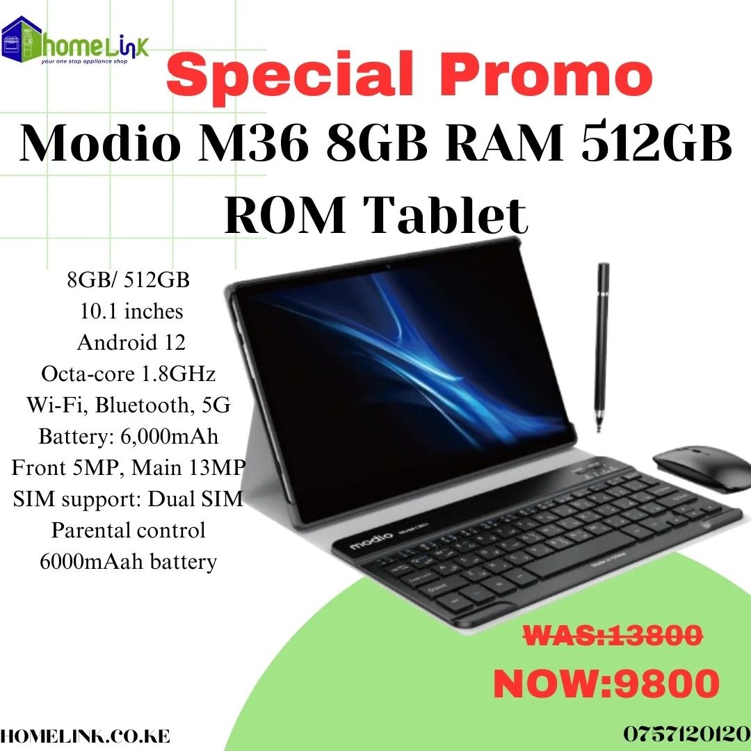 Modio M36 Android Tablet PC 12GB RAM 512GB ROM virtual storage 10.1 Inches In Cell Display, Dual Sim, Dual cameras, Wireless Keyboard and Mouse, Flip case cover