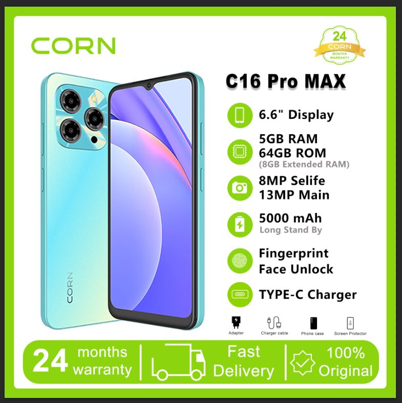 Corn C16 Pro Max  64GB Storage +5(2+3Extended ) RamUnlocked Cell Phone, Android 6.6"HD +WATERDROP SCREEN 13MP Main Camera,8mp Front camera  5000mAh Dual SIM, Face ID, GPS, OTG  Smart Phone Smartphone