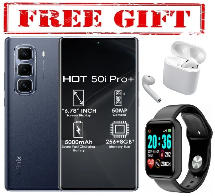 Infinix Hot 50 Pro Plus 256GB+16(8+8)GB 6.7" 3D-Curved AMOLED 120Hz Screen 5000mAh  50MP Camera MTK Helio G100 Fingerprint LOCK  Smart Phone COMES WITH FREE GIFTS ( AIRPODS + SMART WATCH ) FOR YOU