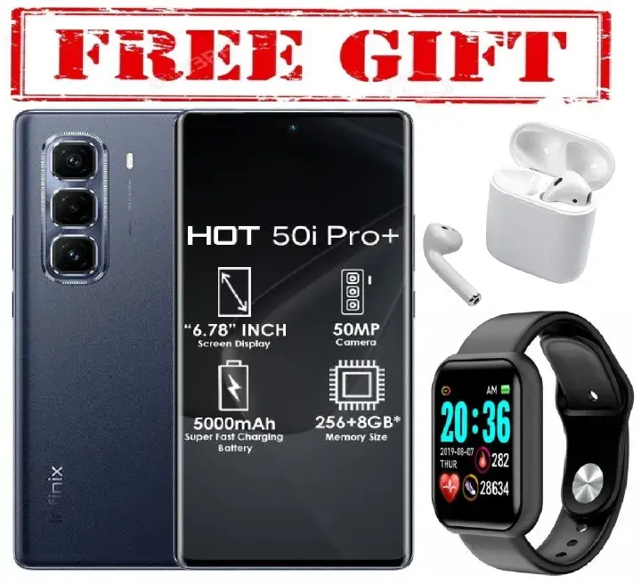 Infinix Hot 50 Pro Plus 256GB+16(8+8)GB 6.7" 3D-Curved AMOLED 120Hz Screen 5000mAh  50MP Camera MTK Helio G100 Fingerprint LOCK  Smart Phone COMES WITH FREE GIFTS ( AIRPODS + SMART WATCH ) FOR YOU