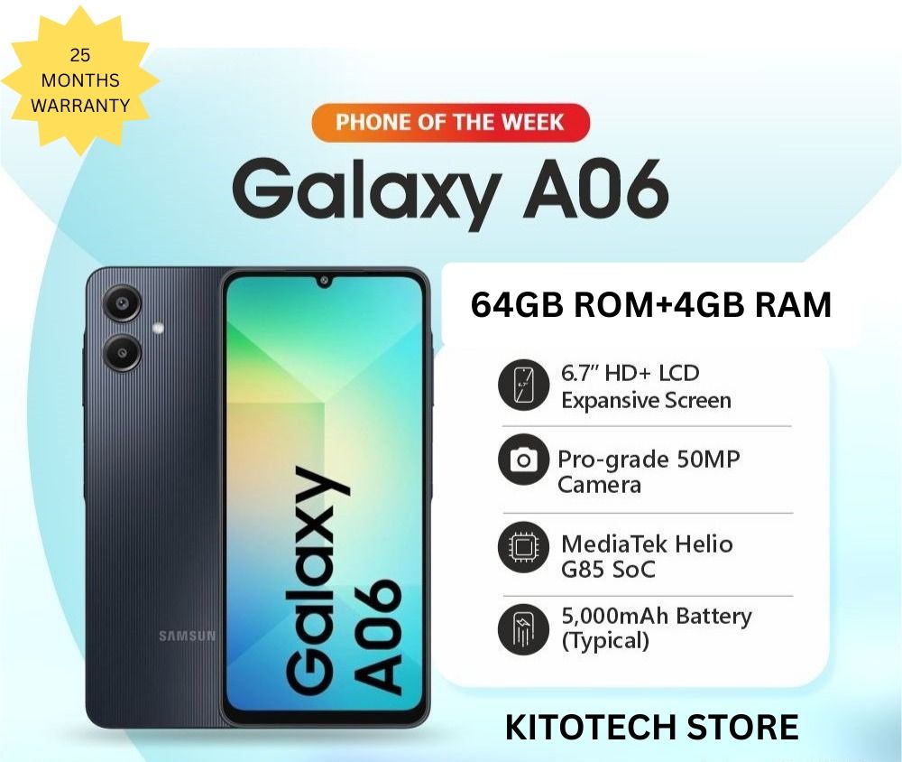 [New Arrival] Samsung Galaxy A06 64GB +4GB RAM 50MP Camera +8MP 6.7" 90Hz MTK Helio G85 (12nm) 5000mAh BATTERY 25W Type-C Charge Android 14 Smart Phones Side Fingerprint Unlock SMARTPHONE+FREE GIFTS