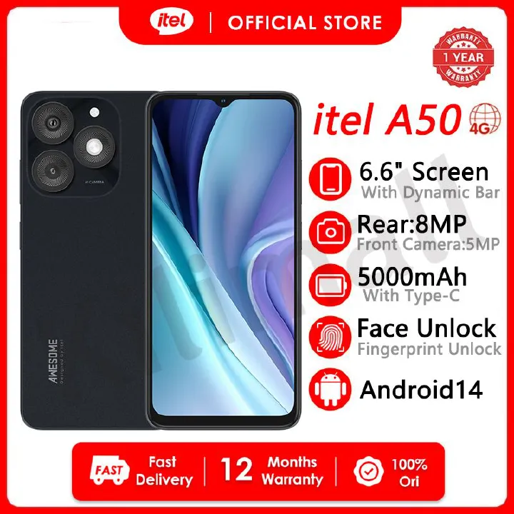 IBrand New itel A50 64GB+(2+4)6GB RAM 6.6" Screen Phone Dual SIM 8MP+5MP Camera 5000mAh Baterry Fingerprint And Face Unlock Smart Phones