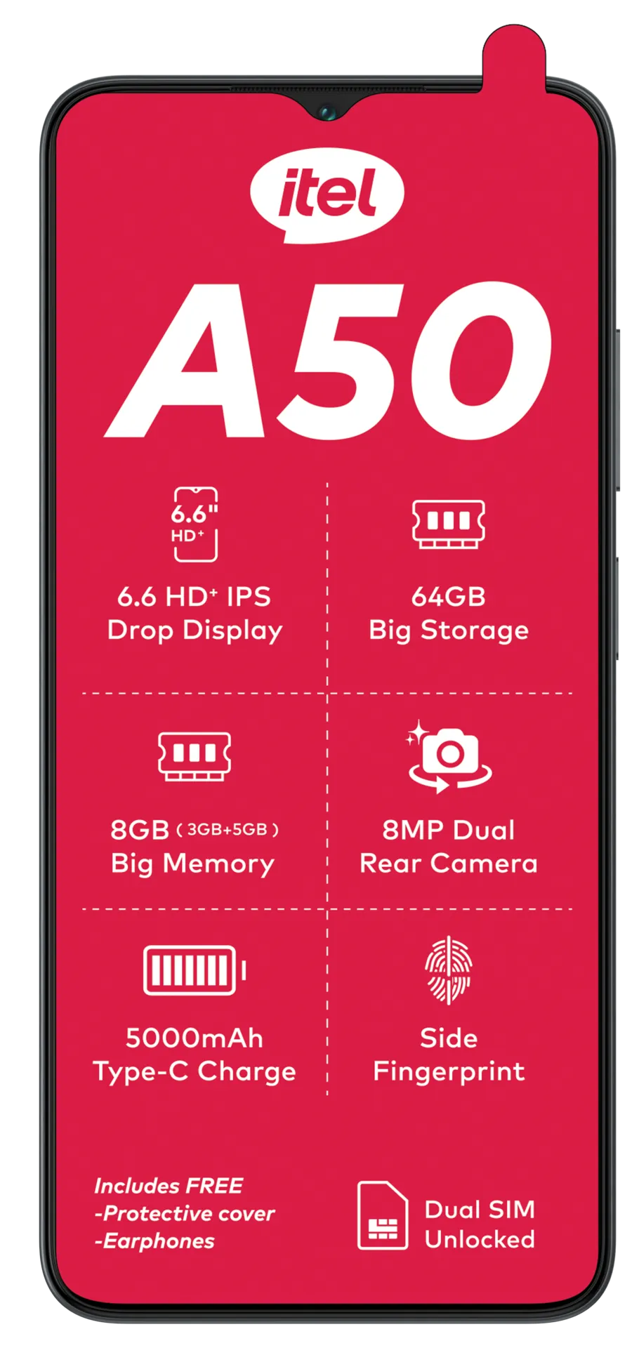 IBrand New itel A50 64GB+(2+4)6GB RAM 6.6" Screen Phone Dual SIM 8MP+5MP Camera 5000mAh Baterry Fingerprint And Face Unlock Smart Phones