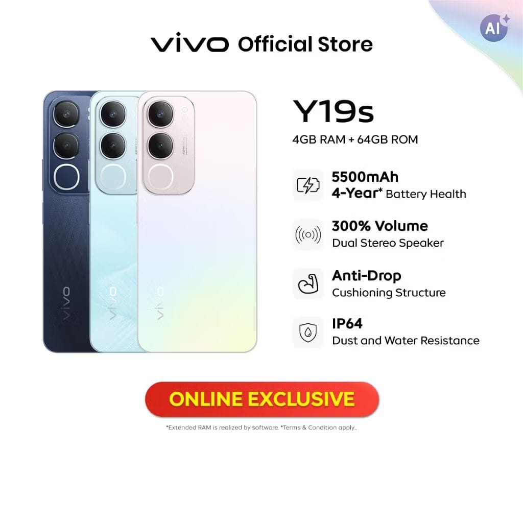 [NEW ARRIVAL] Vivo Y19S 128GB+6GB 6.68 inches  5500 mAh battery  50MP main 5MP front camera Ring-LED flash   IP64 Dust and Water-resistant Android 14 4G- Side-mounted fingerprint sensor   Smart Phones