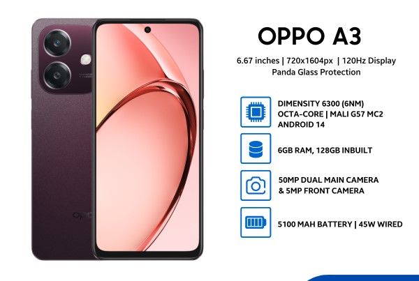 [New Arrival] Oppo A3 8GB RAM+256GB ROM 6.67" 90Hz LCD Display 50MP+5MP Camera 5100 mAh Battery (Dual SIM) Android 14 Fingerprint 2yr-Warranty (TYP) 4G Smartphones