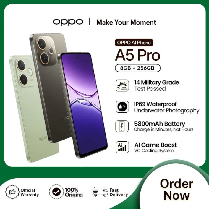 NEW ARRIVALS!! BRAND NEW!! Oppo A5 Pro 6.67 Inches, 256GB+8GB RAM, 50 MP +  8MP  Camera, 5800mAh Battery, 90Hz LCD panel  8 cores CPU   Adreno™ 610@1050MHz GPU  (Dual SIM)-Smartphones