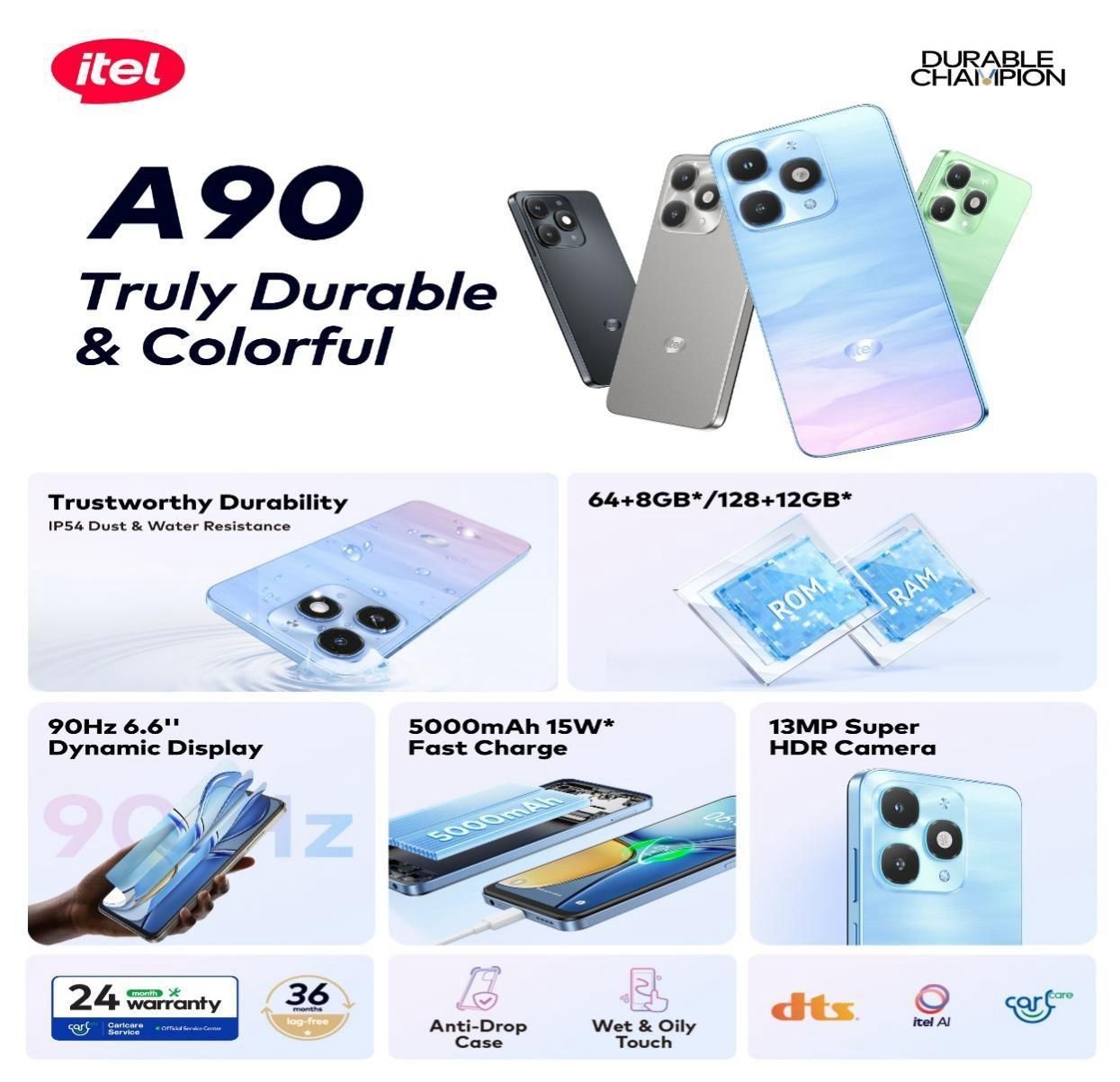 [Anniversary Sale] Itel A90 128GB+12(4+8)GB RAM 6.6“ 90HZ Display Phone Dual SIM 4G Network 13MP Camera Fingerprint Unlock 15W 5000 mAh Battery Android 14 Smart Phones