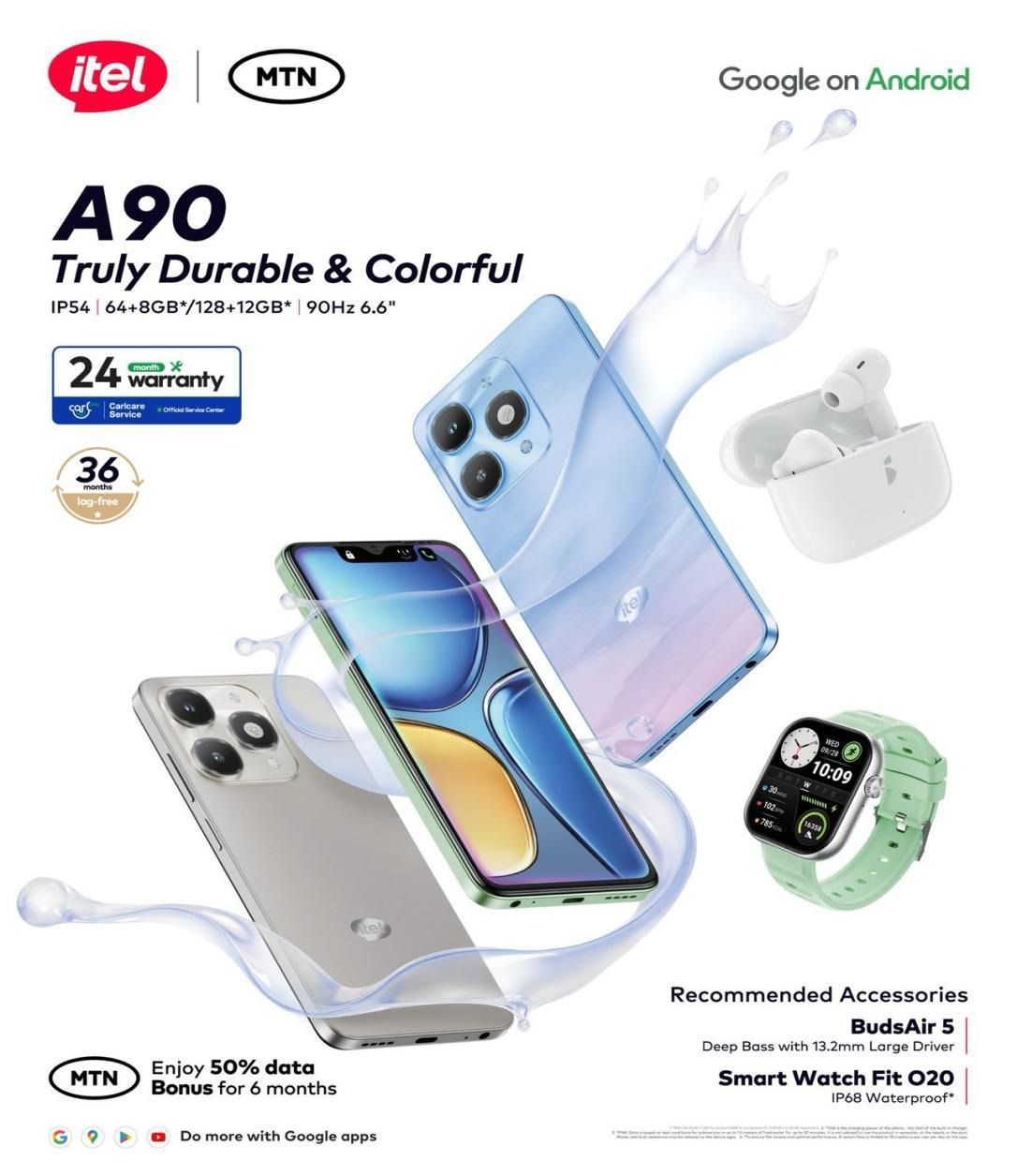 [Anniversary Sale] Itel A90 128GB+12(4+8)GB RAM 6.6“ 90HZ Display Phone Dual SIM 4G Network 13MP Camera Fingerprint Unlock 15W 5000 mAh Battery Android 14 Smart Phones