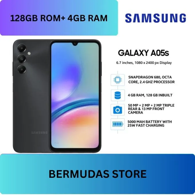 [BRAND NEW] SAMSUNG GALAXY A05s 128GB ROM 4GBRAM   Android 13 Qualcomm Snapdragon 680  50MP F1.8 + 2MP F2.4 + 2MP F2.4 front camera 13MP F2.0 6.7 Inches, 1080 x 2400 Pixels 5000mAh, Li-Po smartphones(
