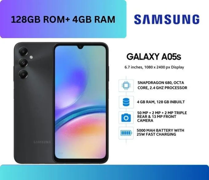 [BRAND NEW] SAMSUNG GALAXY A05s 128GB ROM 4GBRAM   Android 13 Qualcomm Snapdragon 680  50MP F1.8 + 2MP F2.4 + 2MP F2.4 front camera 13MP F2.0 6.7 Inches, 1080 x 2400 Pixels 5000mAh, Li-Po smartphones(