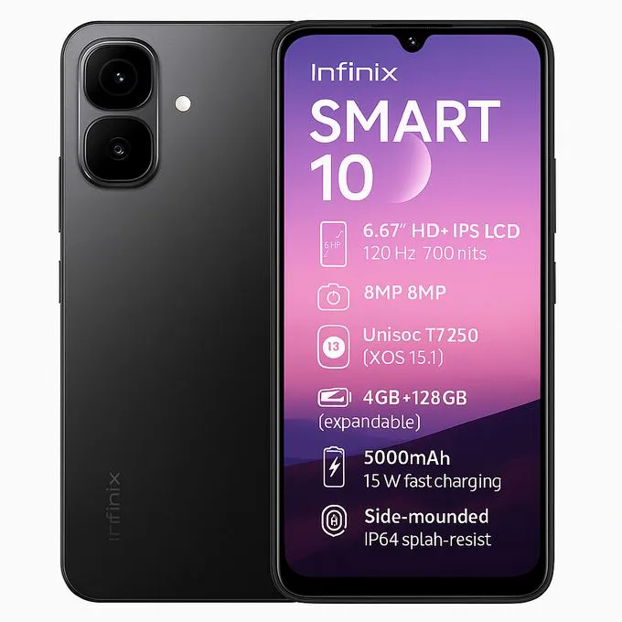 Infinix Smart 10 6.67" IPS LCD Screen, 4GB RAM+128GB ROM(Upto 2TB SD Card), 5000 mAh Battery, 8MP+2MP Dual Rear & 8MP Front Camera, Android 15, Dual SIM, Side Fingerprint mobile phone SMARTPHONE