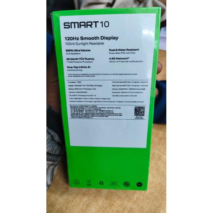 Infinix Smart 10 6.67" IPS LCD Screen, 4GB RAM+128GB ROM(Upto 2TB SD Card), 5000 mAh Battery, 8MP+2MP Dual Rear & 8MP Front Camera, Android 15, Dual SIM, Side Fingerprint mobile phone SMARTPHONE
