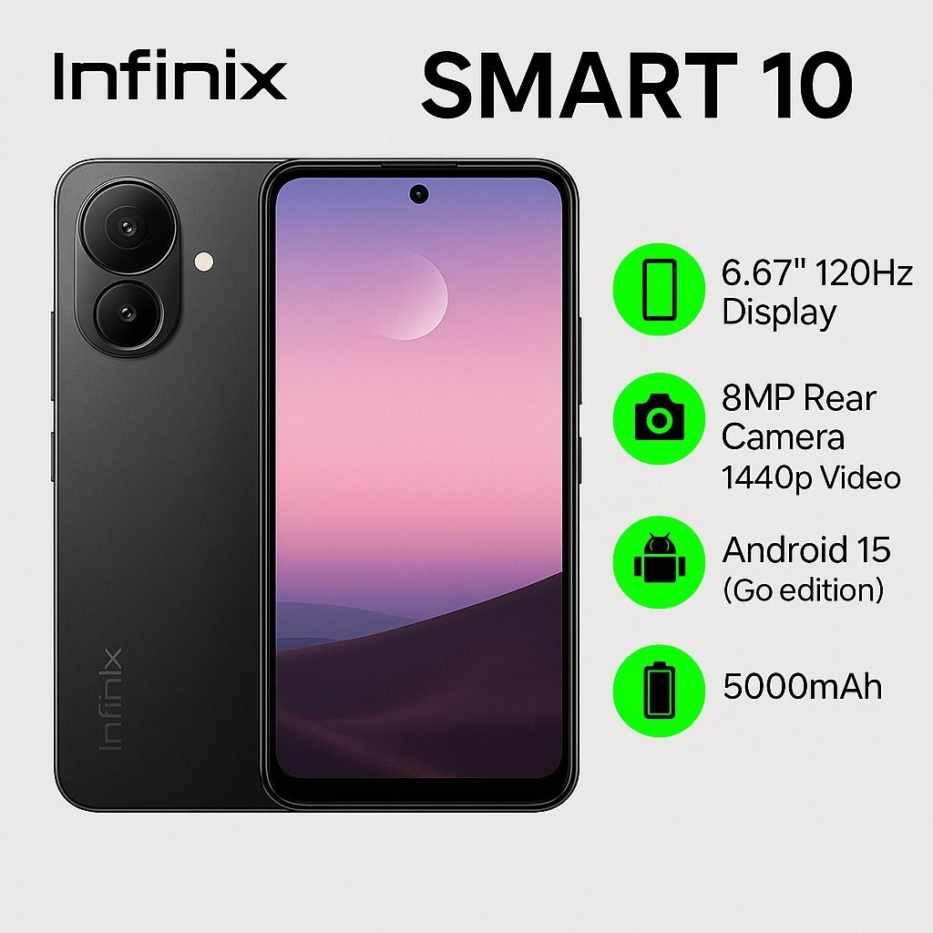 Infinix Smart 10 6.67"  64GB Storage + 6GB(3 +3GB RAM Extended) 5000 mAh Battery, 8MP+2MP Dual Rear & 8MP Front Camera, Android 15, Dual SIM, Side Fingerprint mobile phone smartphone + FREE GIFTS