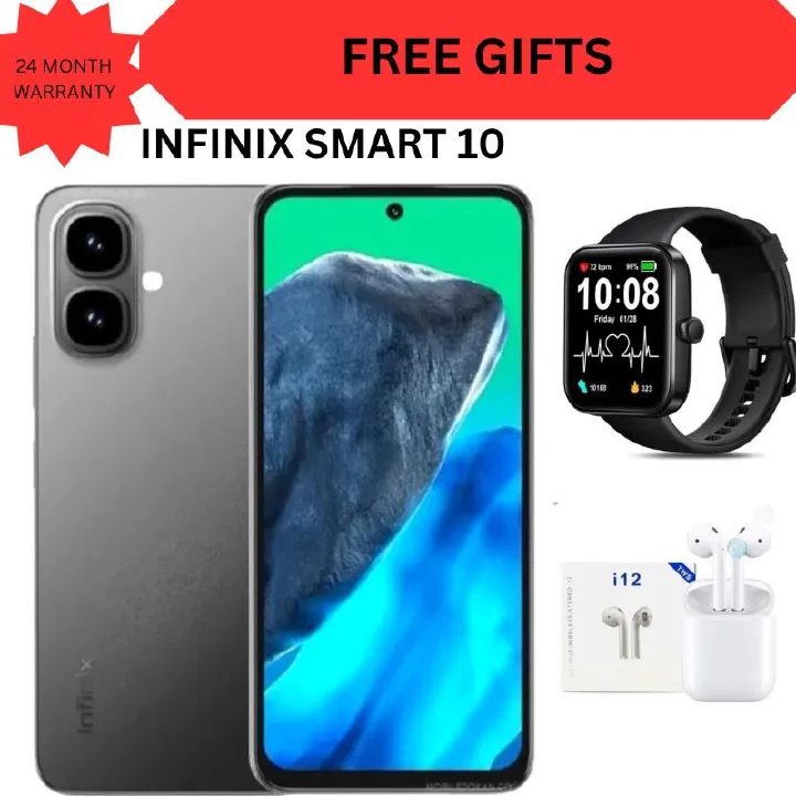 Infinix Smart 10 6.67"  64GB Storage + 6GB(3 +3GB RAM Extended) 5000 mAh Battery, 8MP+2MP Dual Rear & 8MP Front Camera, Android 15, Dual SIM, Side Fingerprint mobile phone smartphone + FREE GIFTS