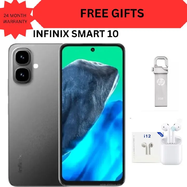 Infinix Smart 10 6.67"  64GB Storage + 6GB(3 +3GB RAM Extended) 5000 mAh Battery, 8MP+2MP Dual Rear & 8MP Front Camera, Android 15, Dual SIM, Side Fingerprint mobile phone smartphone + FREE GIFTS