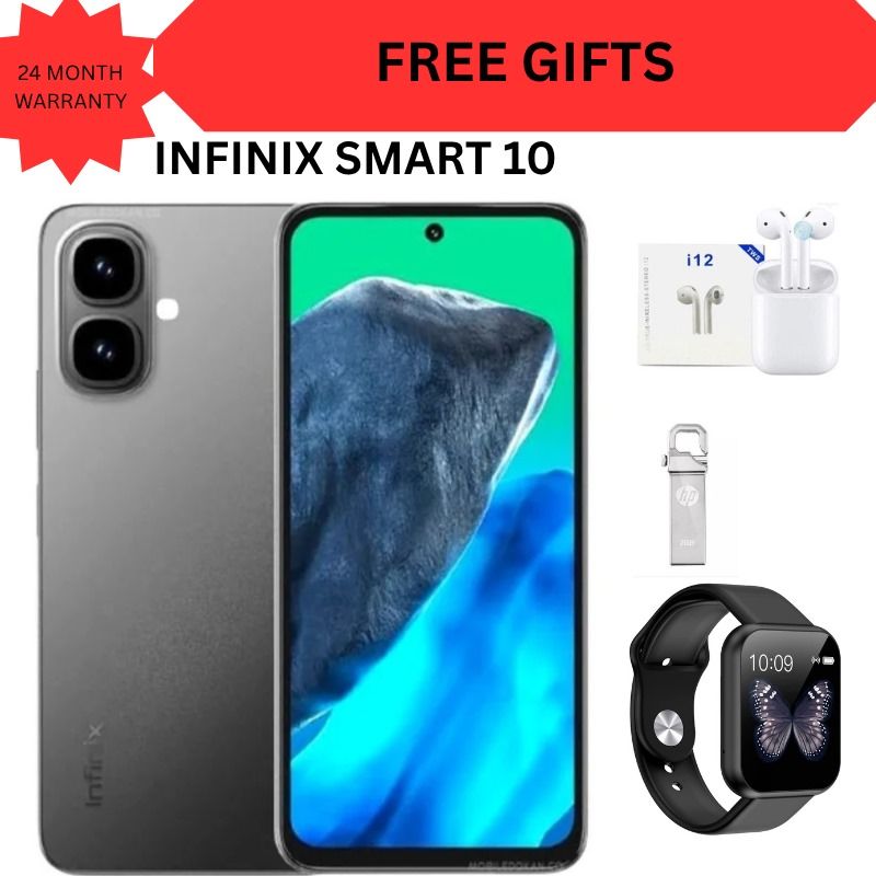 Infinix Smart 10 6.67"  64GB Storage + 6GB(3 +3GB RAM Extended) 5000 mAh Battery, 8MP+2MP Dual Rear & 8MP Front Camera, Android 15, Dual SIM, Side Fingerprint mobile phone smartphone + FREE GIFTS