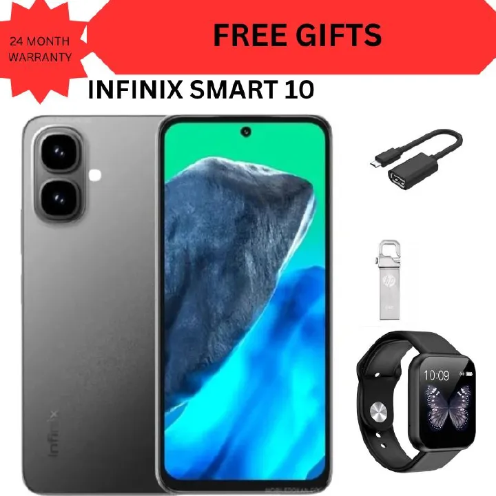 Infinix Smart 10 6.67"  64GB Storage + 6GB(3 +3GB RAM Extended) 5000 mAh Battery, 8MP+2MP Dual Rear & 8MP Front Camera, Android 15, Dual SIM, Side Fingerprint mobile phone smartphone + FREE GIFTS