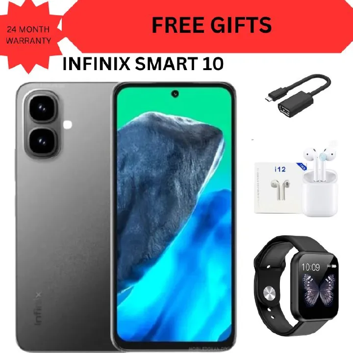 Infinix Smart 10 6.67"  64GB Storage + 6GB(3 +3GB RAM Extended) 5000 mAh Battery, 8MP+2MP Dual Rear & 8MP Front Camera, Android 15, Dual SIM, Side Fingerprint mobile phone smartphone + FREE GIFTS