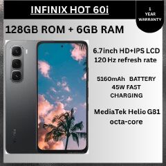 [NEW ARRIVAL] Infinix Hot 60i 6.7'' 128GB+6GB: 5160 mAh; 50MP+8MP: IP64: Android 15: Octa-core: IPS-LCD: Fingerprint (side-mounted): 120HZ Refresh rate: Mediatek Helio G81 Ultimate (12 nm): smartphone