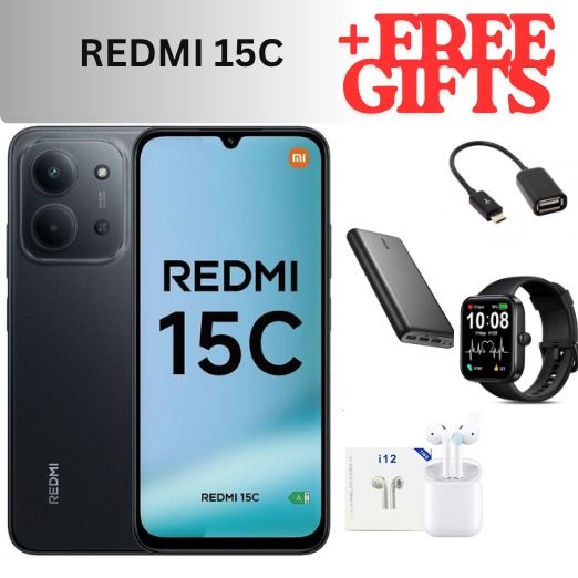 REDMI 15C 128GB ROM 8(4+4) GB  Ram 6.9'' LCD 50MP Main Camera 8MP selfie camera  6000mAh 33W Fast Charger Android 15 Xiaomi Hyper OS 2 Mediatek with free gifts  Side Fingerprint smart phones