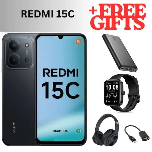 REDMI 15C 128GB ROM 8(4+4) GB  Ram 6.9'' LCD 50MP Main Camera 8MP selfie camera  6000mAh 33W Fast Charger Android 15 Xiaomi Hyper OS 2 Mediatek with free gifts  Side Fingerprint smart phones