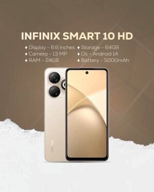 [NEW ARRIVAL] Infinix Smart 10 HD: 6.6'':  64GB+2GB: 5000 mAh: 13MP+8MP: Android 14: IPS-LCD: 90HZ refresh rate: octa-core: Fingerprint (side-mounted): 10W wired: smartphones