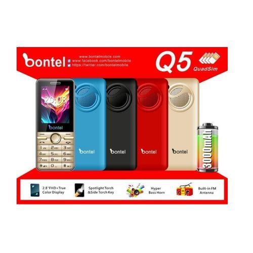 BONTEL Q5 2.8 Inch Big Screen Display, 3000mAh Big Battery, 4 SIM Cards, 32MB RAM, Big Torch, FM Radio, 2G Enabled, Phonebook 2000 Contacts - Feature Phones