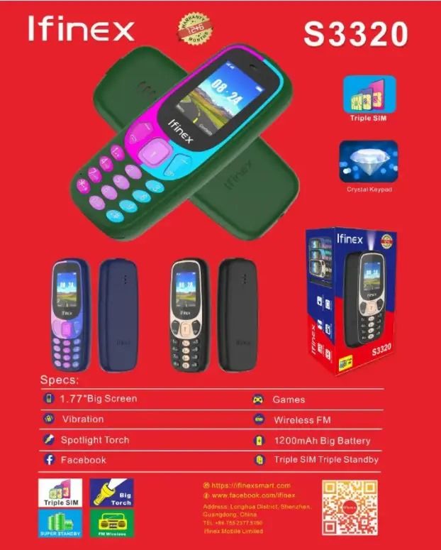 IFINEX S3320 THREE SIM CARD SCREEN 1.77’’ BATTERY 1200MAH LED TORCH FM WIRELESS RADIO VIBRATION 1 YEAR WARRANTY KABAMBE/MULIKA MWIZI PHONES ON OFFER BUTTON MOBILE