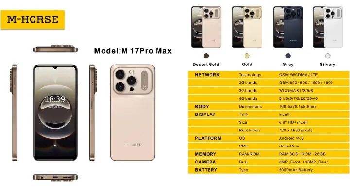 M-HORSE M17 Pro Max 6.8'' HD + incell 8GB (4GB 4GB EXTENDED) RAM + 128GB ROM 8MP Front camera +16MP Rear camera 5000mAh battery capacity side fingerprint UNLOCK Android 14 phone smartphone
