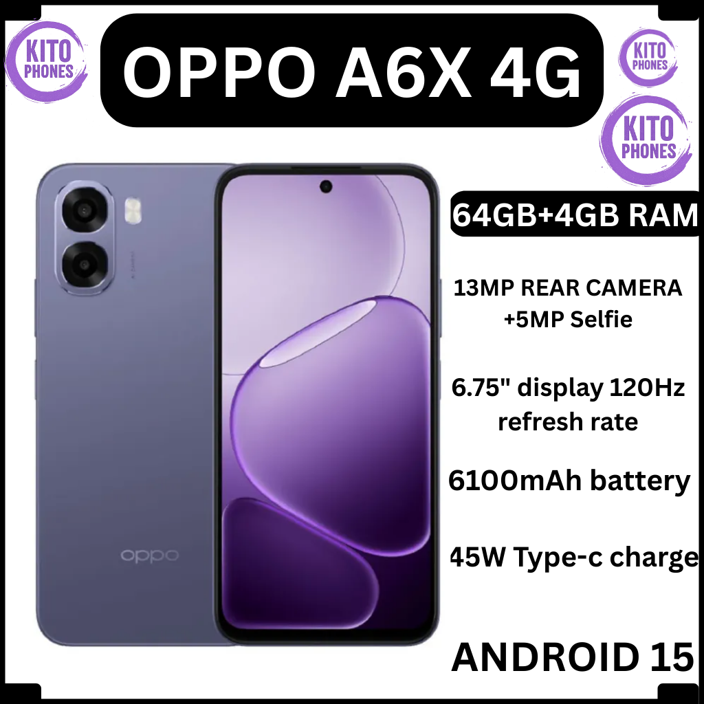 Brand New OPPO A6X 64GB ROM + 4GB RAM 6.75" SCREEN DISPLAY Smartphone 6100 mAh Battery CAPACITY 120Hz refresh rate 13MP+5MP Camera Android 15 Dual Sim Smart phones + FREE GIFTS JUST FOR YOU