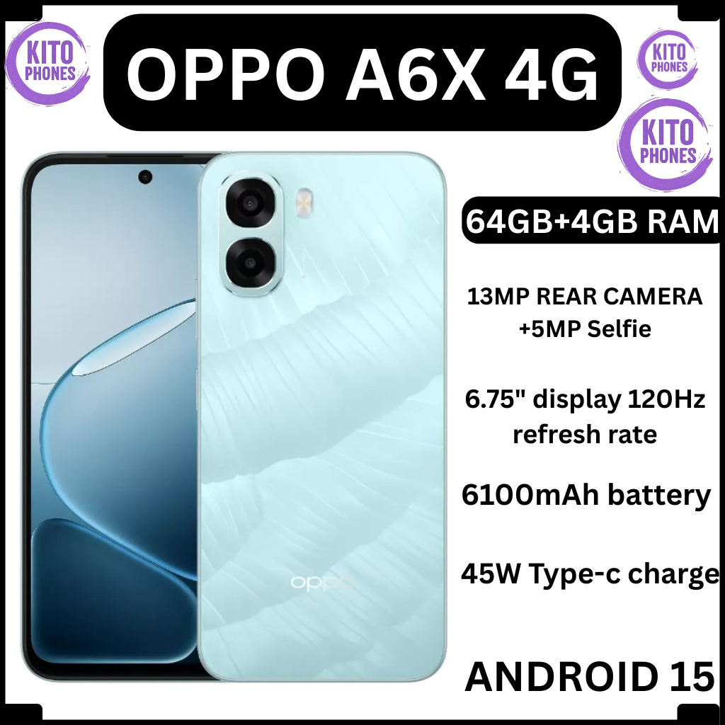 Brand New OPPO A6X 64GB ROM + 4GB RAM 6.75" SCREEN DISPLAY Smartphone 6100 mAh Battery CAPACITY 120Hz refresh rate 13MP+5MP Camera Android 15 Dual Sim Smart phones + FREE GIFTS JUST FOR YOU