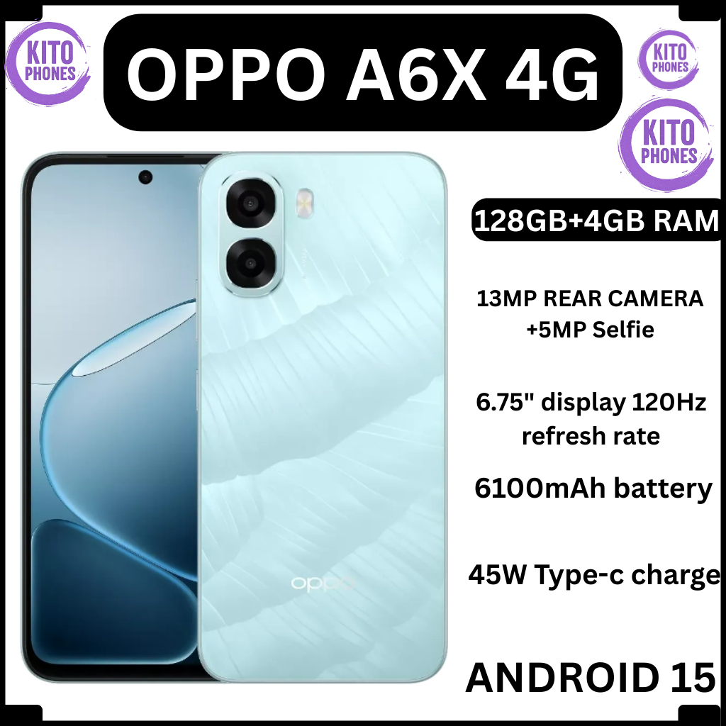 Brand New OPPO A6X 128GB ROM + 4GB RAM 6.75" SCREEN DISPLAY Smartphone 6100 mAh Battery CAPACITY 120Hz refresh rate 13MP+5MP Camera Android 15 Dual Sim Smart phones + FREE GIFTS JUST FOR YOU