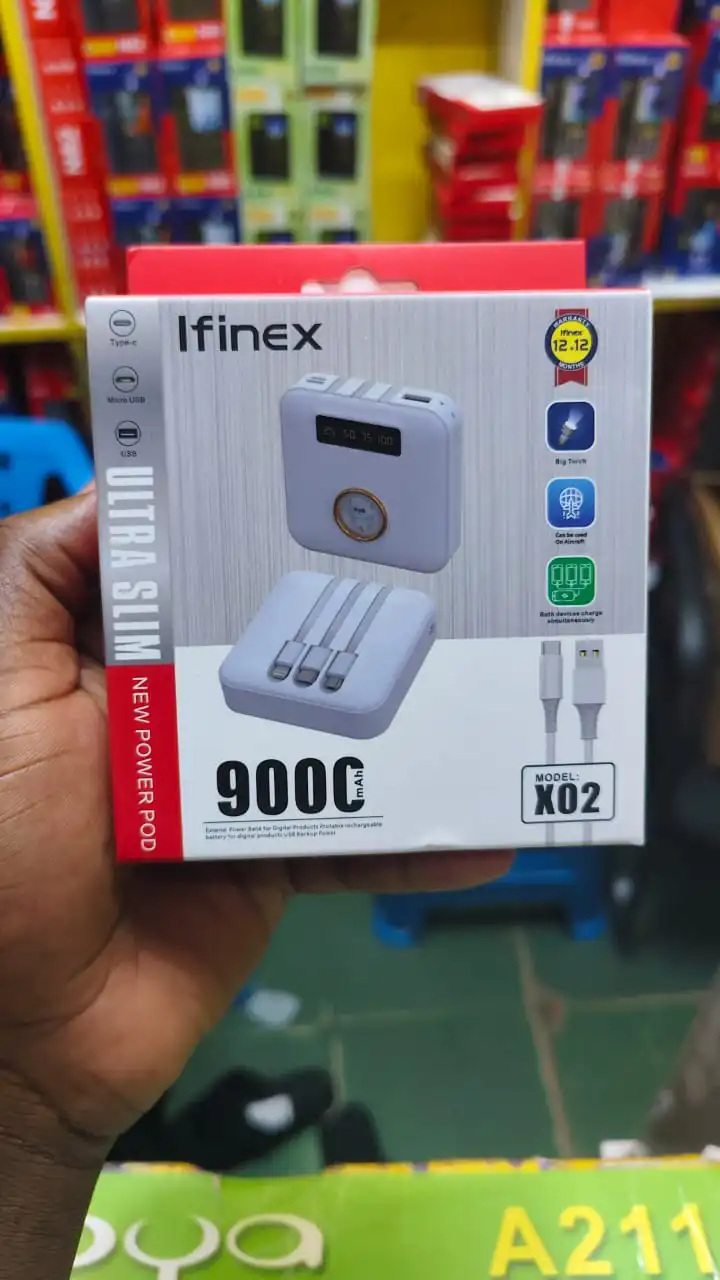 Ifinex X02 Ultra Slim Portable Power Bank 9000mAh RATED POWER ,RATED CAPACITY 5400mAh (5V/2A) WITH USB,MICROUSB ,TYPE C ,WITH TORCH,,POWERBANK