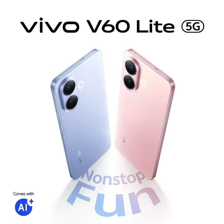 Vivo V60 Lite 5G 256GB ROM +12GB RAM 6.7" 120Hz AMOLED Display 50MP Camera 6500mAh Battery 90W Fast Charging Dual SIM IP 65 Water & Dust Resistance Android 15 On-Screen Fingerprint AI Smartphone