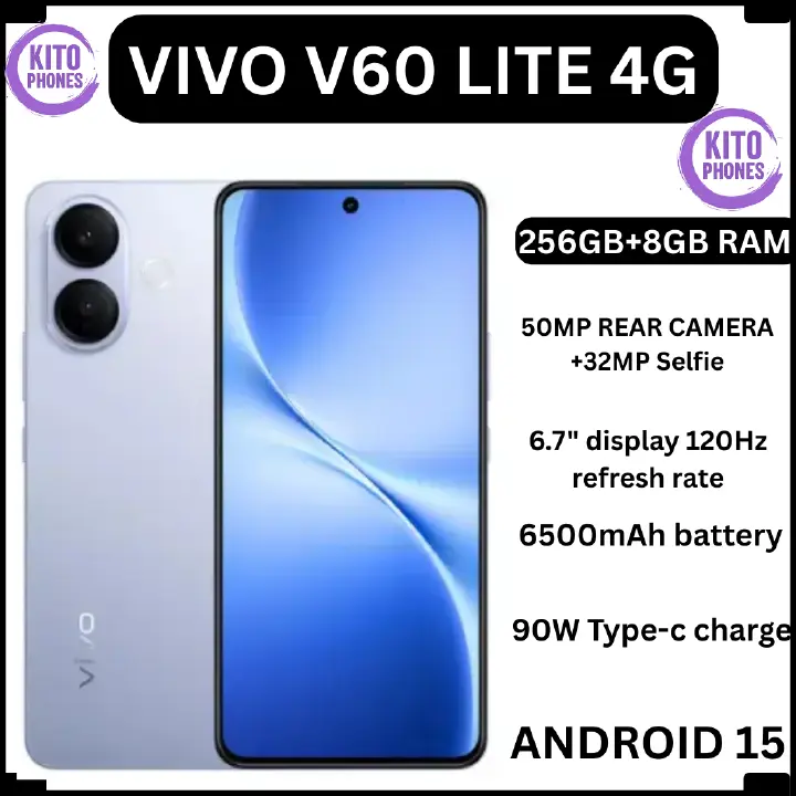 Vivo V60 Lite 4G 256GB ROM +8GB RAM 6.7" 120Hz AMOLED Display 50MP Camera 6500mAh Battery 90W Fast Charging Dual SIM IP 65 Water & Dust Resistance Android 15 On-Screen Fingerprint AI Smartphone