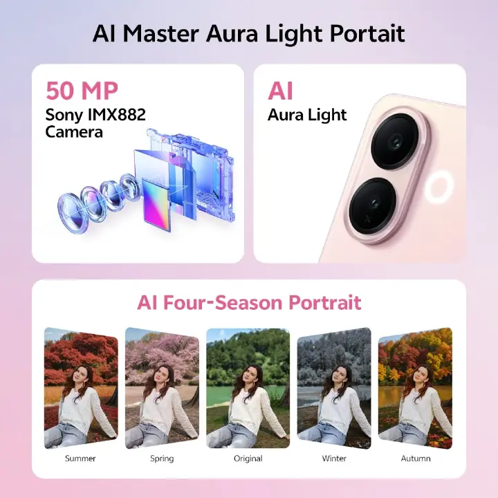 Vivo V60 Lite 5G 256GB ROM +12GB RAM 6.7" 120Hz AMOLED Display 50MP Camera 6500mAh Battery 90W Fast Charging Dual SIM IP 65 Water & Dust Resistance Android 15 On-Screen Fingerprint AI Smartphone