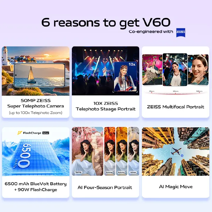 Vivo V60 512GB ROM +12GB RAM 6.7" 120Hz AMOLED Display 50MP Camera 6500mAh Battery 90W Fast Charging Dual SIM IP 65 Water & Dust Resistance Android 15 On-Screen Fingerprint AI Smartphone