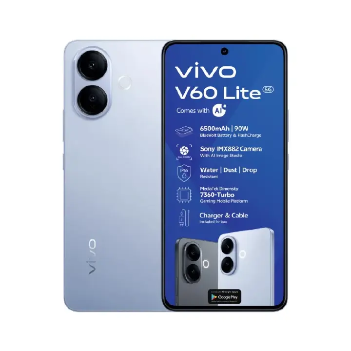 Vivo V60 Lite 5G 256GB ROM +12GB RAM 6.7" 120Hz AMOLED Display 50MP Camera 6500mAh Battery 90W Fast Charging Dual SIM IP 65 Water & Dust Resistance Android 15 On-Screen Fingerprint AI Smartphone