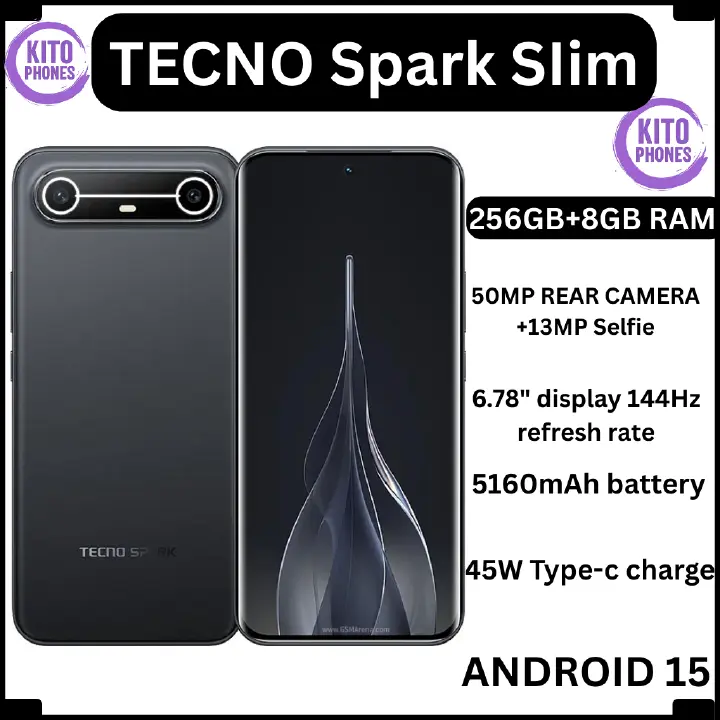 TECNO SPARK SLIM, 8GB RAM 256GB ROM, 5160mAh BATTERY WITH 45W SUPER CHARGING, IP64-RATED SPLASH AND DUST RESISTANCE, 6.78" AMOLED DISPLAY, 50MP MAIN CAMERA 13MP SELFIE, TYPE C DUAL SIM CARD SMARTPHONE