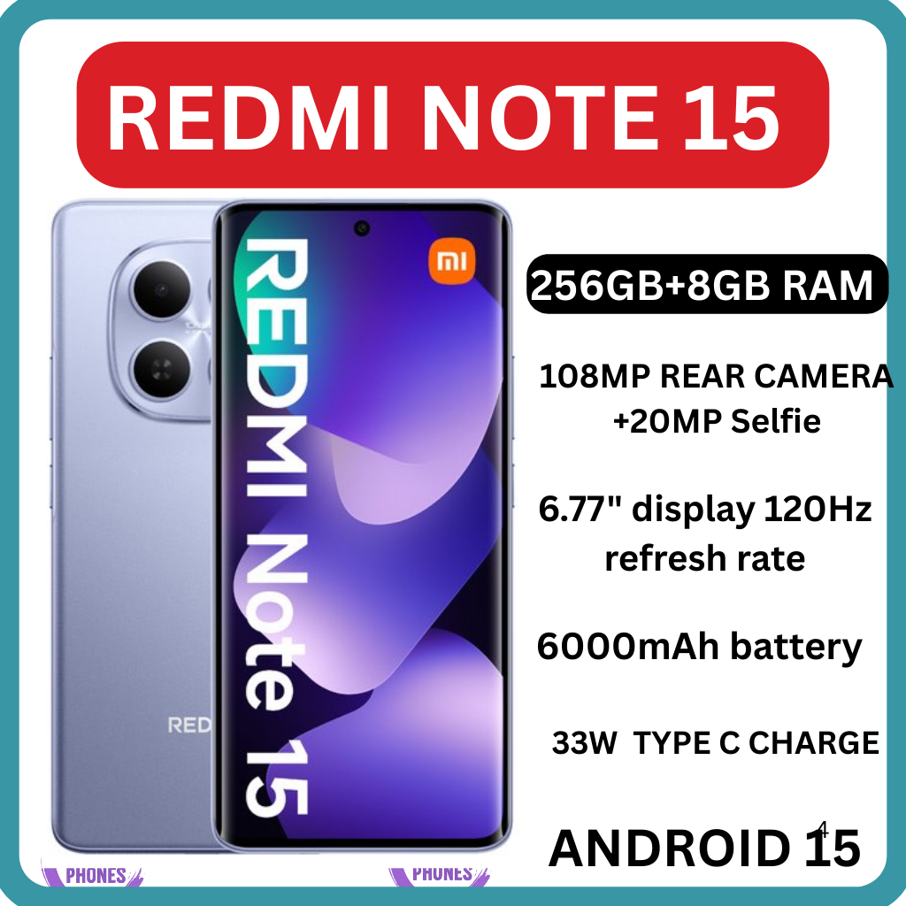 BRAND NEW ] XIAOMI Redmi Note 15 256GB ROM + 8GB RAM 6.77" 120Hz AMOLED Curved Display 108 MP Rear Camera 20MP Selfie 6000mAh Battery 33W FAST CHARGING On-Screen Fingerprint ANDROID SMARTPHONE