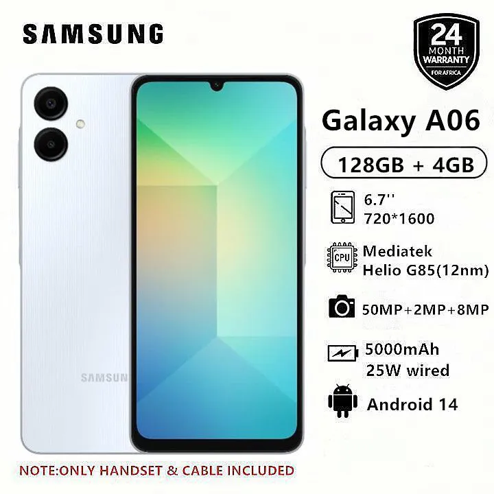 Samsung Galaxy A06 128GB+4GB 50MP Camera 6.7" 90Hz MTK Helio G85 (12nm) 5000mAh 25W Type-C Charge Android 14 Side Fingerprint Unlock phone Smart Phone+ FREE GIFTS( ADAPTER , EARPODS.